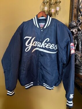 STARTER Navy & White Yankees Script Bomber Jacket